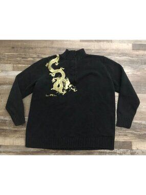 Vintage Y2K Womens 2X Ralph Lauren Black Sweater Golden Dragon